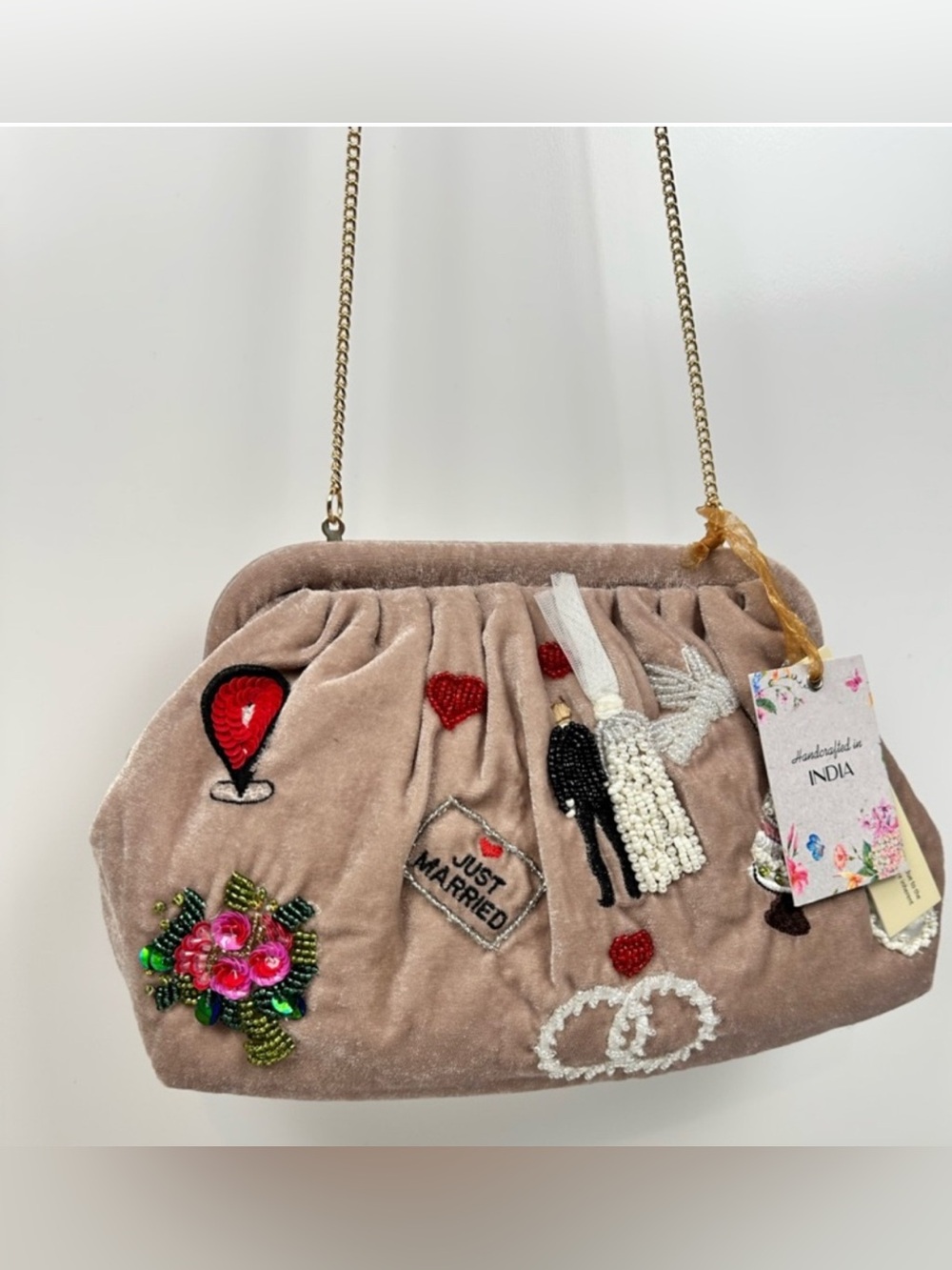 NWT Viral Handcrafted India Beaded "Just Married" Wedding Purse in Muave Tiktok